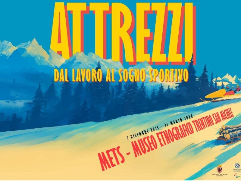 Illustrazione con paesaggio invernale: un uomo trascina legna sulla neve mentre sullo sfondo un gruppo scende con lo slittino tra le montagne. | © METS, 2025