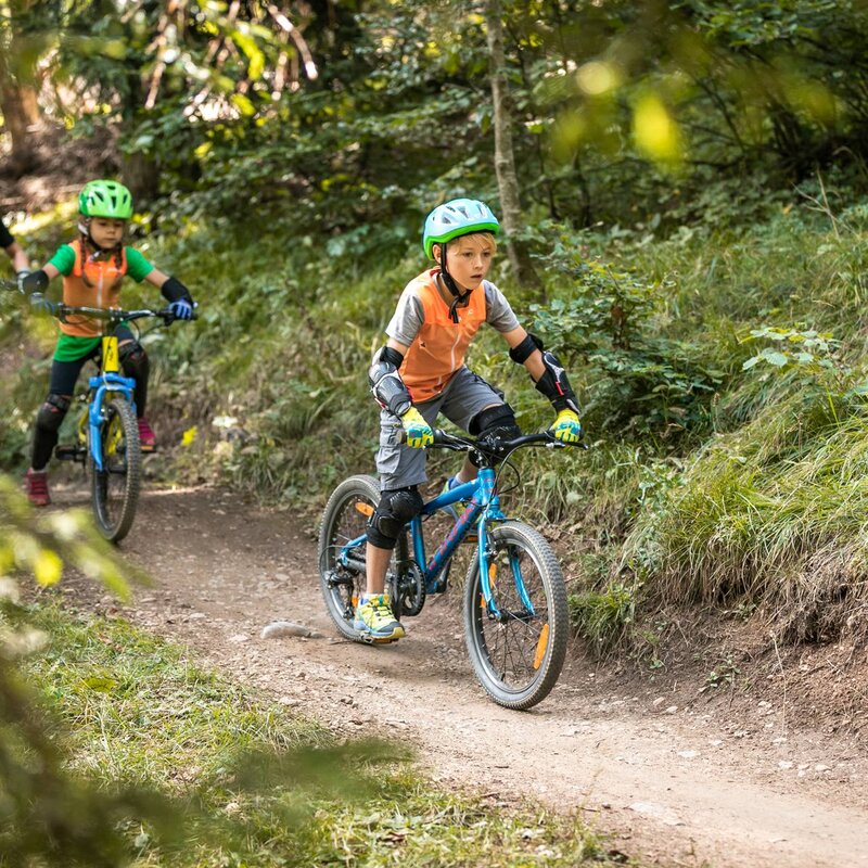 Due bambini e una guida bike della Paganella Academy scendono in bici su un sentiero nel bosco. Indossano casco e protezioni.  | © Oliver Astrologo, 2019