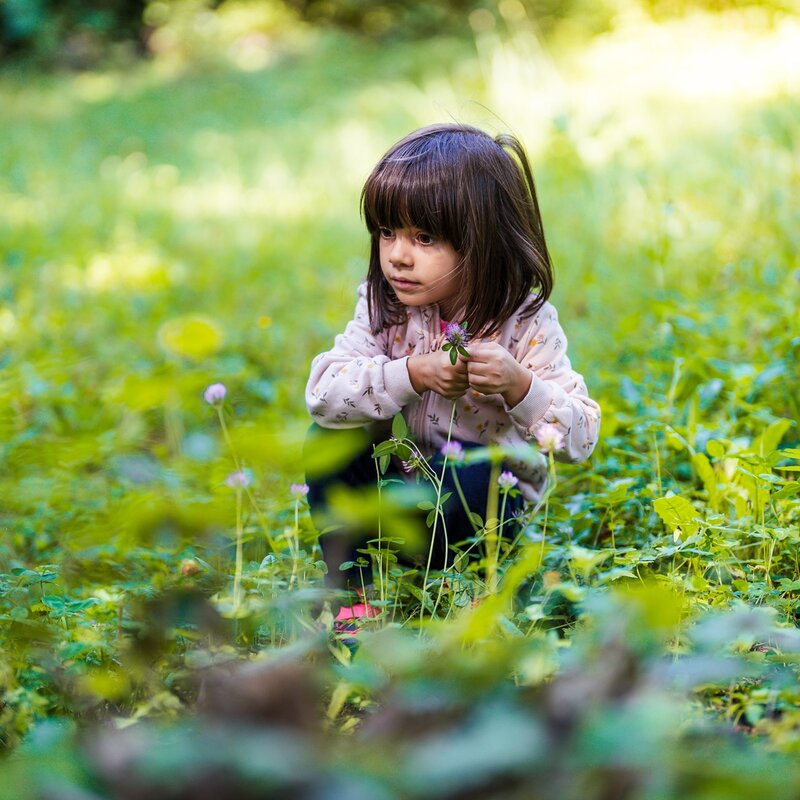 Una bambina è accovacciata in un prato verde e rigoglioso, tenendo delicatamente tra le mani un piccolo fiore. Lo sguardo della bambina è rivolto di lato con espressione attenta e concentrata, mentre la luce del sole filtra attraverso la vegetazione circostante, illuminando la scena. | © Mirko Perli, 2023