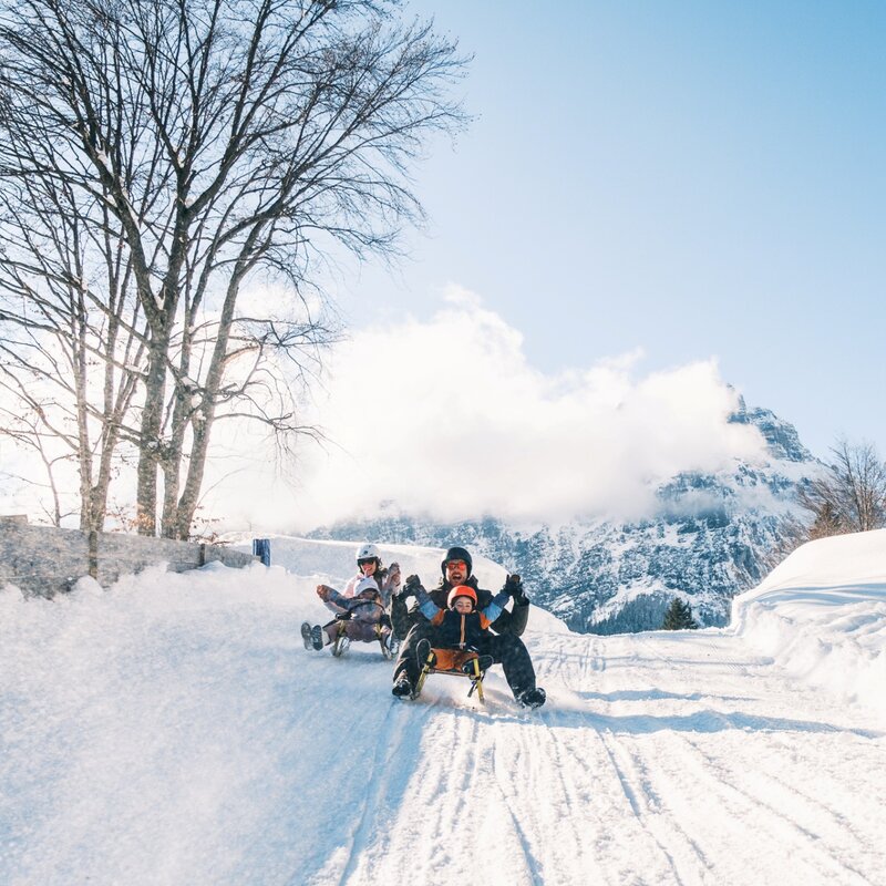 Zwei Schlitten fahren eine präparierte Schneepiste hinunter. Im Vordergrund gleiten ein Erwachsener und ein Kind auf die Kamera zu, dicht gefolgt von einem zweiten Schlitten mit zwei Personen. Links befinden sich kahle Bäume und ein Zaun, während im Hintergrund felsige Berggipfel teilweise in Wolken gehüllt sind. | © Filippo Frizzera, 2026