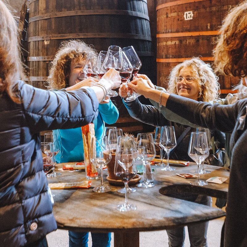 A group of smiling women makes a toast with glasses of red wine, gathered around a wooden table in a wine cellar. The scene, taking place at Cantina Martinelli in Piana Rotaliana, captures a convivial moment during a wine tasting, with large oak barrels visible in the background. | © Nicola Cagol, 2021