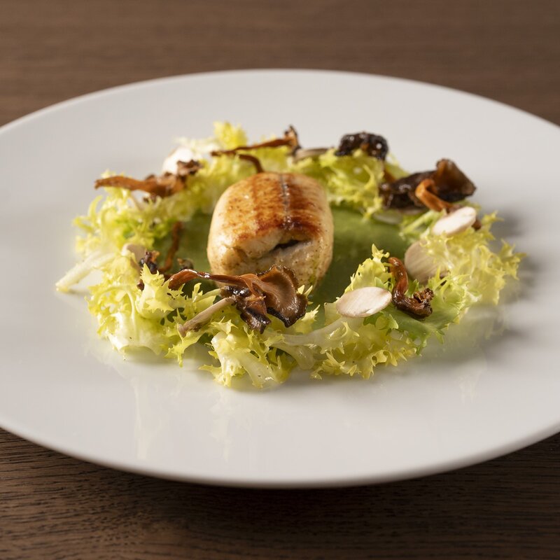 filetto di coregone rosolato su crema verde, circondato da una corona di insalata riccia e funghi finferli. | © Stefano Caffarri, 2025