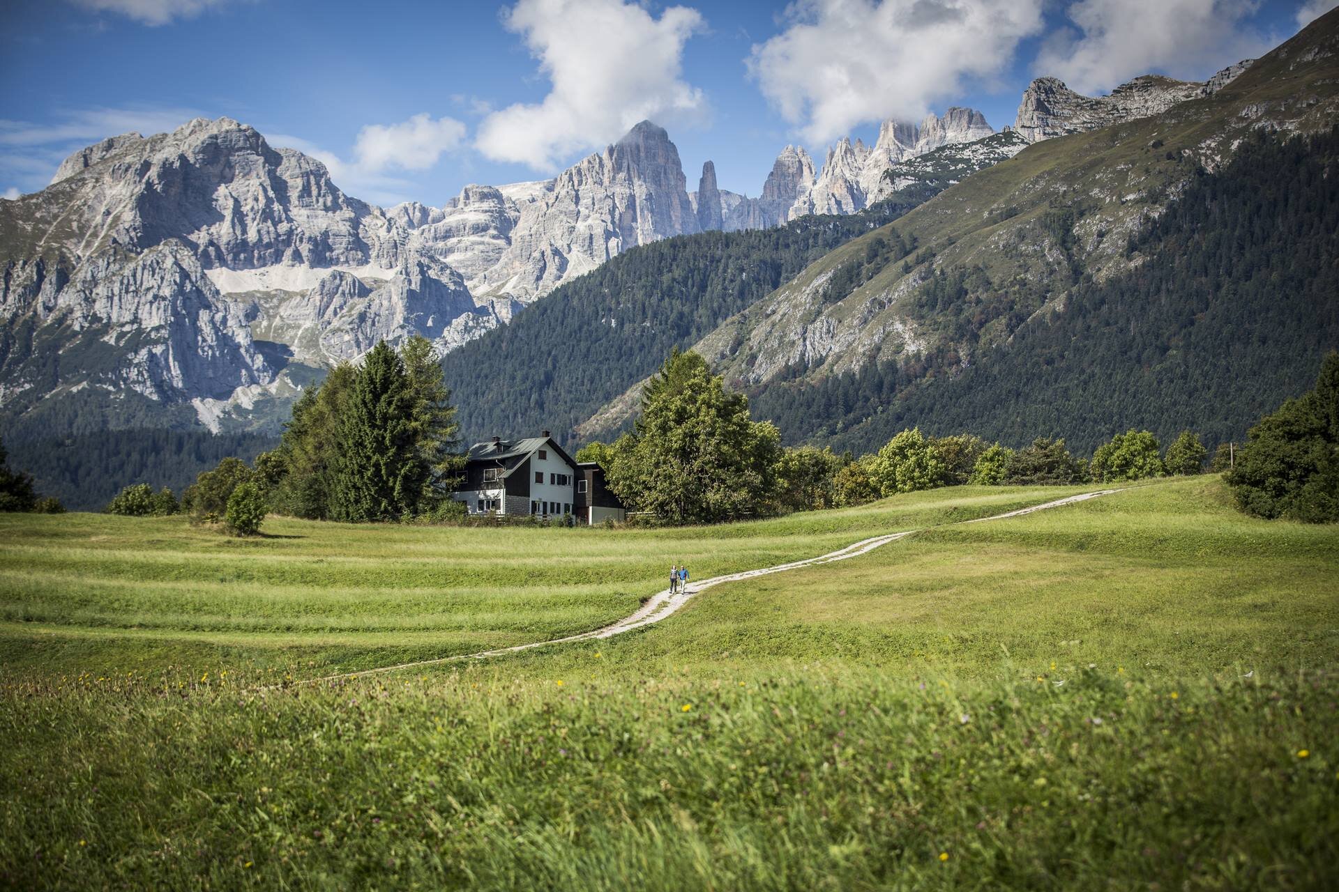 Una coppia in lontananza passeggia lungo il giro dei masi di Andalo. Sullo sfondo ci sono le Dolomiti di Brenta, dove spicca la famosa cima del Campanil Basso | © Federico Modica, 2016