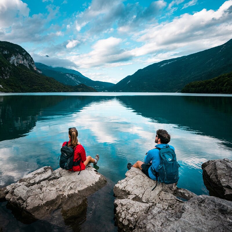 Two hikers relax on the rocks by Lake Molveno, admiring the perfect reflection of the mountains on the crystal-clear water. The blue sky and clouds create a serene and evocative atmosphere. | © Camilla Pizzini, 2022
