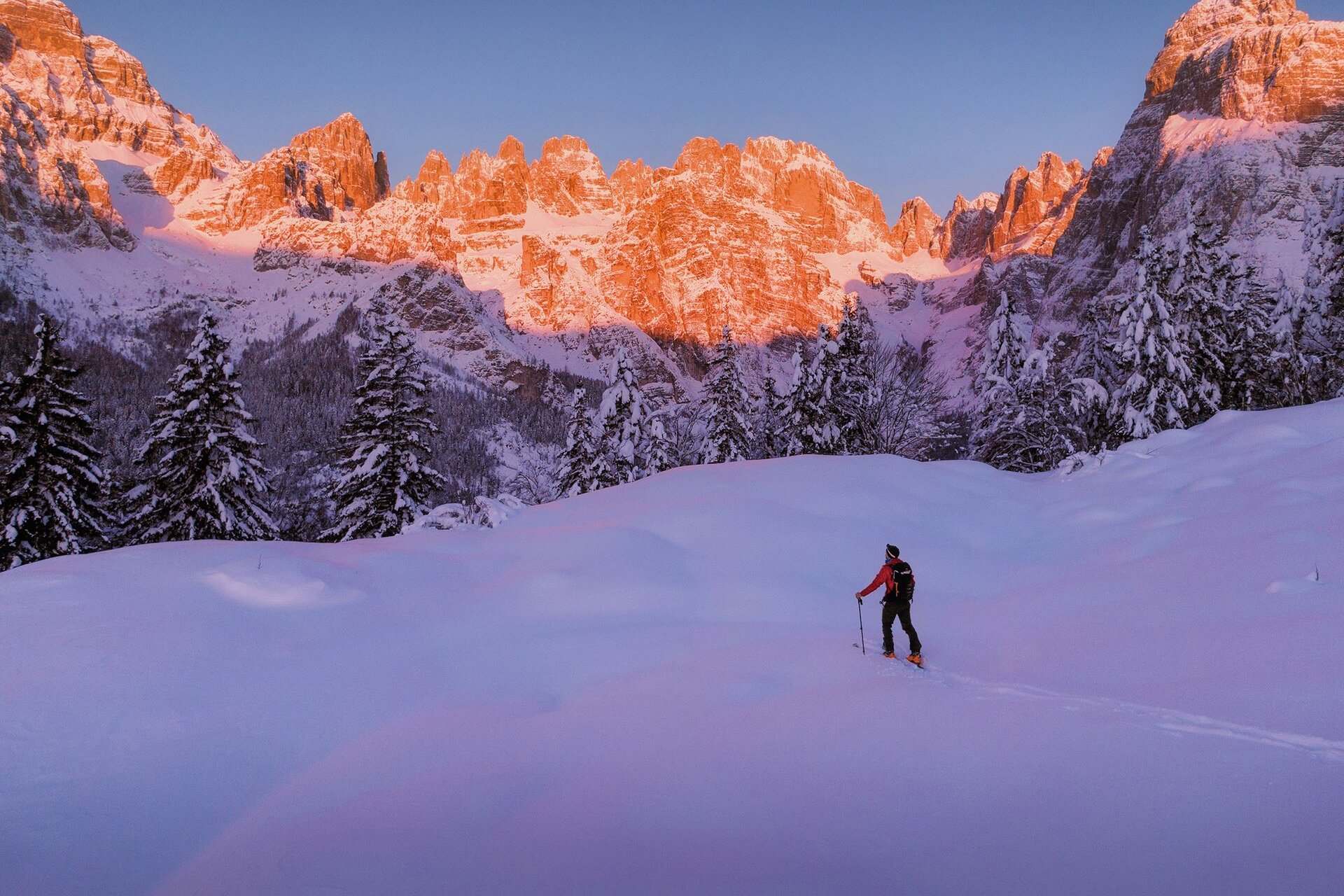 L'immagine mostra un paesaggio montano all'alba, con le cime delle Dolomiti di Brenta illuminate da una luce calda e rossastra, l'enrosadira. In primo piano, uno sciatore solitario procede con gli sci su una distesa di neve incontaminata, circondata da alberi ricoperti di neve. Il cielo è sereno e di un azzurro intenso. L'atmosfera è calma e silenziosa, evocando la bellezza e la vastità dell'ambiente alpino invernale. | © Filippo Frizzera, 2019