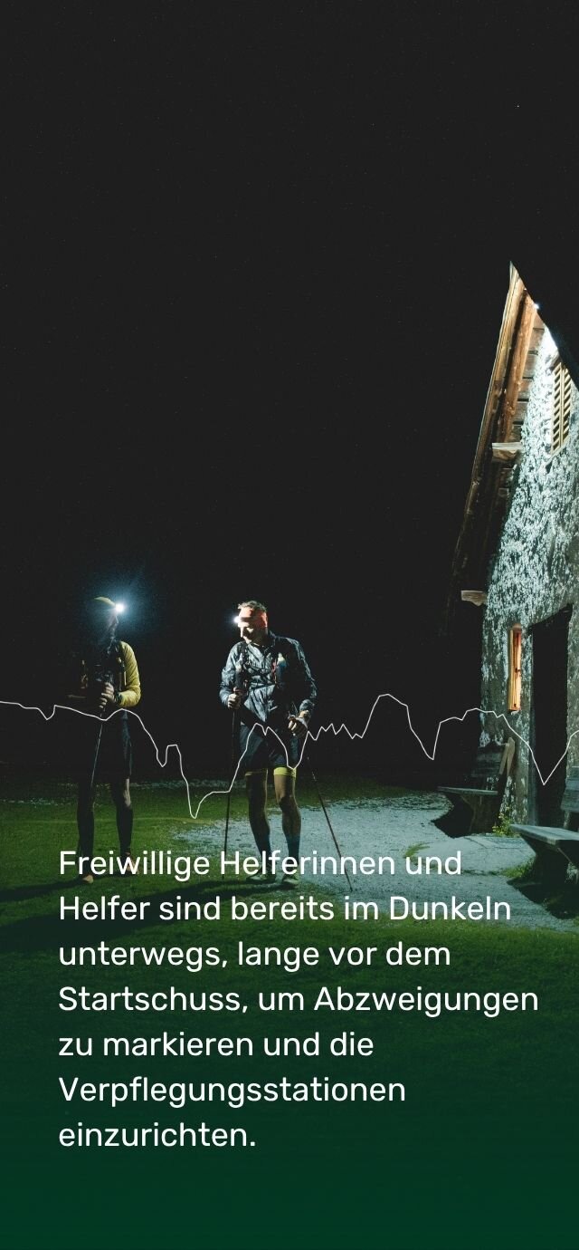 Zwei Freiwillige mit Stirnlampen und Wanderstöcken stehen nachts vor einer Berghütte aus Stein. In der Mitte ist eine weiße Linie eingeblendet, die das Profil eines Berges darstellt. Der Text unten lautet: „Die Freiwilligen machen sich noch im Dunkeln, lange vor dem Startschuss, auf den Weg, um die Weggabelungen zu markieren und die Versorgungsstationen einzurichten.“ | © Filippo Frizzera, 2025