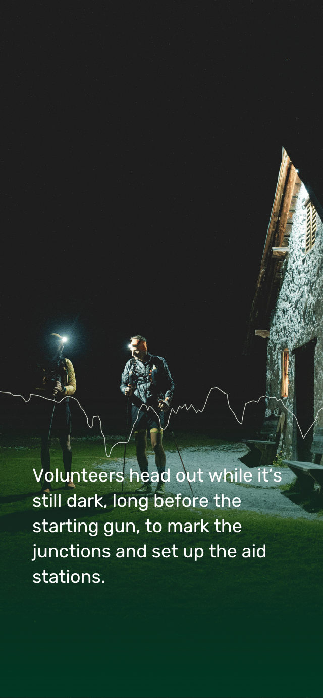 Two volunteers with headlamps and trekking poles stand outside a stone mountain hut at night. A white line representing a mountain profile graph is overlaid in the center. The text at the bottom reads: "Volunteers head out while it’s still dark, long before the starting gun, to mark the junctions and set up the aid stations." | © Filippo Frizzera, 2025