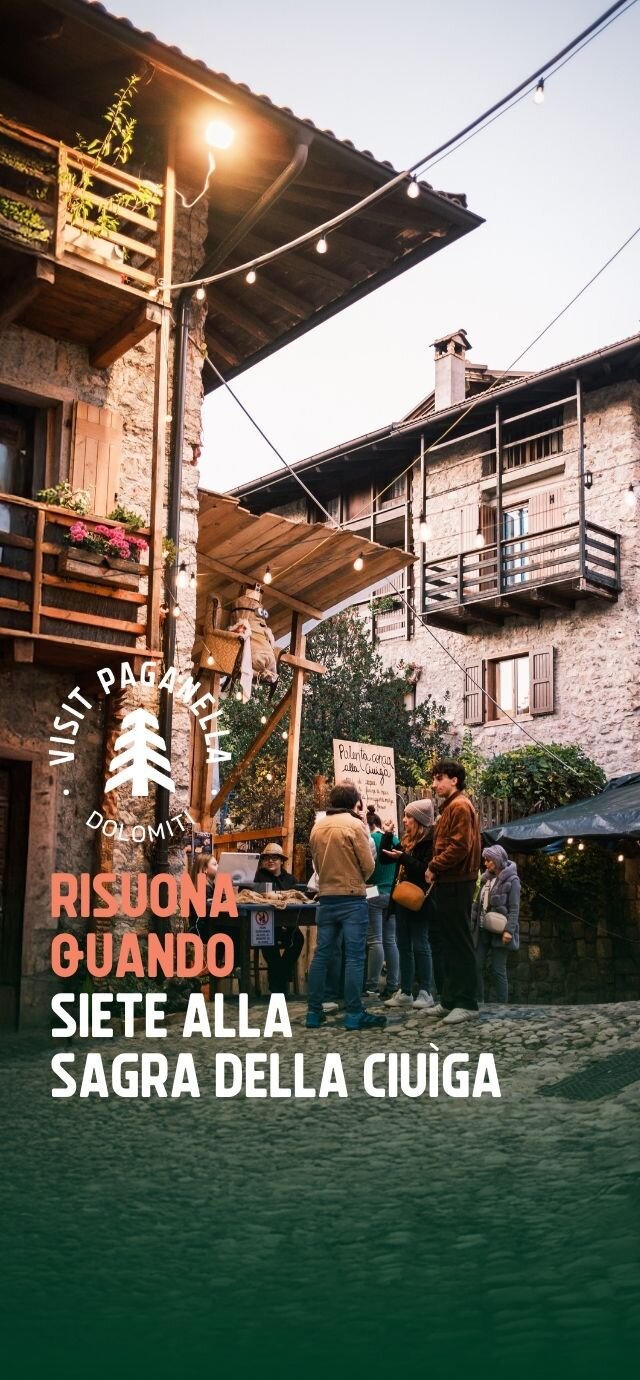 Persone riunite in una piazzetta lastricata di San Lorenzo Dorsino, illuminate dalle luci di un filo appeso tra le case in pietra del borgo. La scena cattura un momento conviviale attorno a uno stand della Sagra della Ciuìga.  Testo in sovrimpressione: Il logo "VISIT PAGANELLA " e la scritta "RISUONA QUANDO SIETE ALLA SAGRA DELLA CIUÌGA". | © Filippo Frizzera, 2024