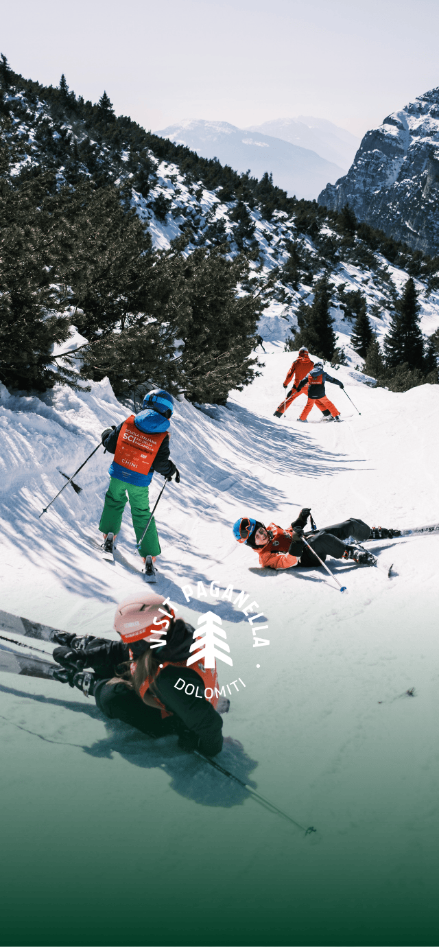 Una scena di lezione di sci in Paganella, con bambini che imparano a sciare su una pista innevata tra gli abeti. Due bambini sono caduti, mentre altre proseguono la discesa, e il logo "VISIT PAGANELLA" è in sovrimpressione. | © Filippo Frizzera, 2025
