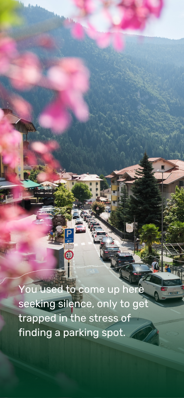A top-down view of a road passing through an alpine village, showing a long line of cars stuck in traffic. In the foreground, bright pink flowers are intentionally out of focus, while in the background rises a steep mountain covered with a dense green forest. In the lower part, on a dark green gradient background separated by a thin, wavy white line, the following text is written in white: "You used to come up here seeking silence, only to get trapped in the stress of finding a parking spot." | © Filippo Frizzera, 2022